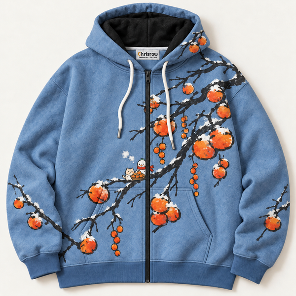 Chrisraw Fuyugaki Hoodie — Snow Persimmon Branch Bird and Cat Print