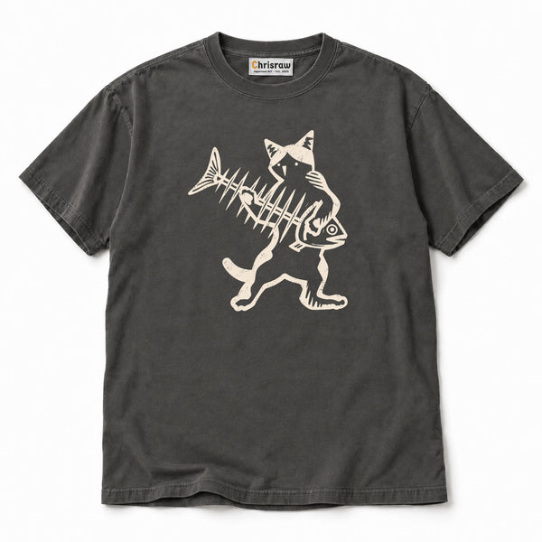 Chrisraw Sakana Dorobo Unisex Comfort T-Shirt — Cat With Fishbone Linocut Print