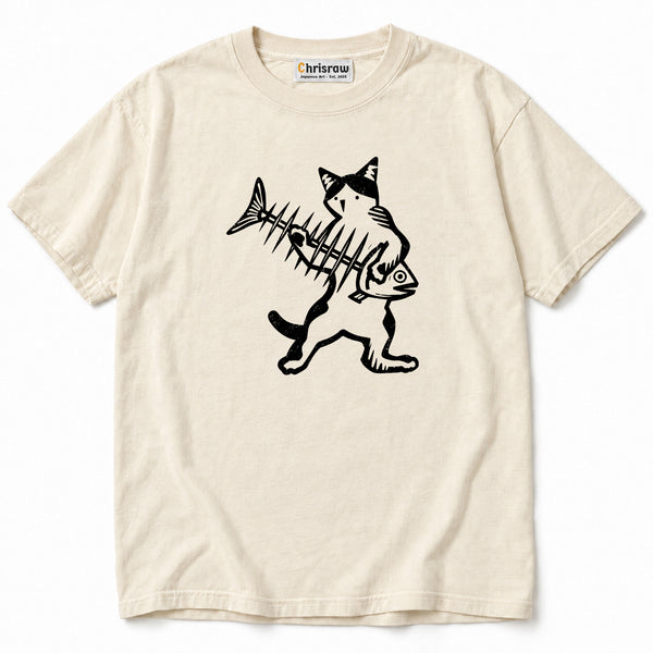 Chrisraw Sakana Dorobo Unisex Comfort T-Shirt — Cat With Fishbone Linocut Print