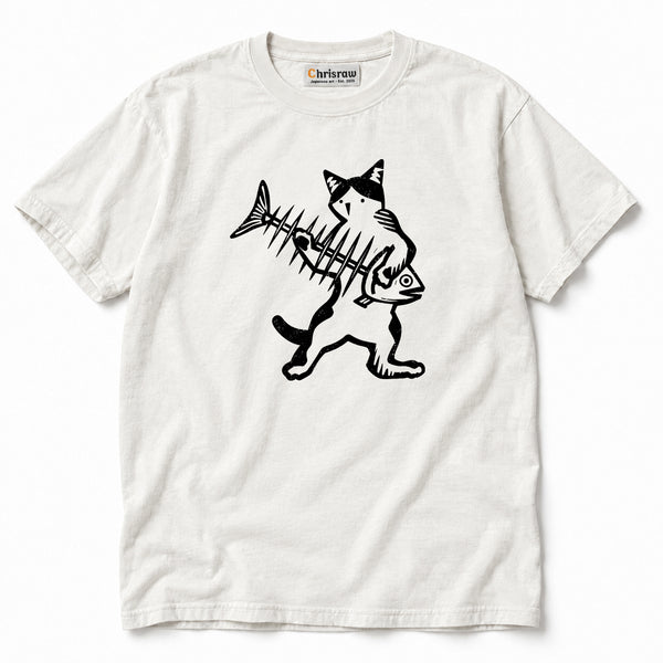 Chrisraw Sakana Dorobo Unisex Comfort T-Shirt — Cat With Fishbone Linocut Print