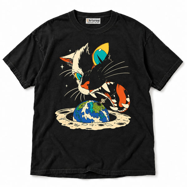 Chrisraw Uchu Neko Unisex Comfort T-Shirt — Giant Space Cat Eats Earth Print