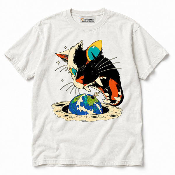 Chrisraw Uchu Neko Unisex Comfort T-Shirt — Giant Space Cat Eats Earth Print
