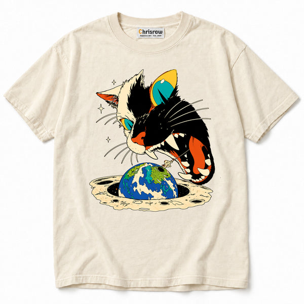 Chrisraw Uchu Neko Unisex Comfort T-Shirt — Giant Space Cat Eats Earth Print