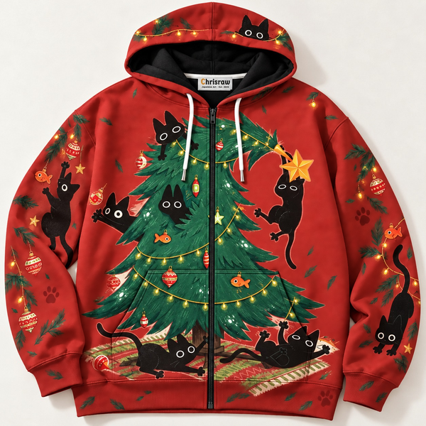 Chrisraw Itazura Neko Hoodie — Black Cats Wrecking the Christmas Tree Print