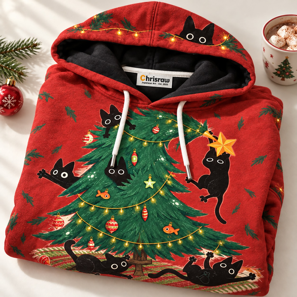 Chrisraw Itazura Neko Hoodie — Black Cats Wrecking the Christmas Tree Print