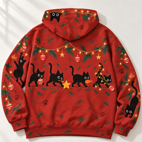 Chrisraw Itazura Neko Hoodie — Black Cats Wrecking the Christmas Tree Print