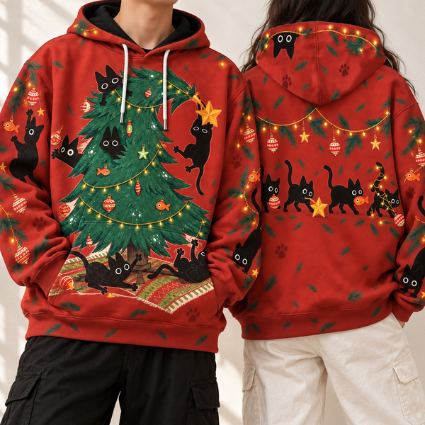 Chrisraw Itazura Neko Hoodie — Black Cats Wrecking the Christmas Tree Print