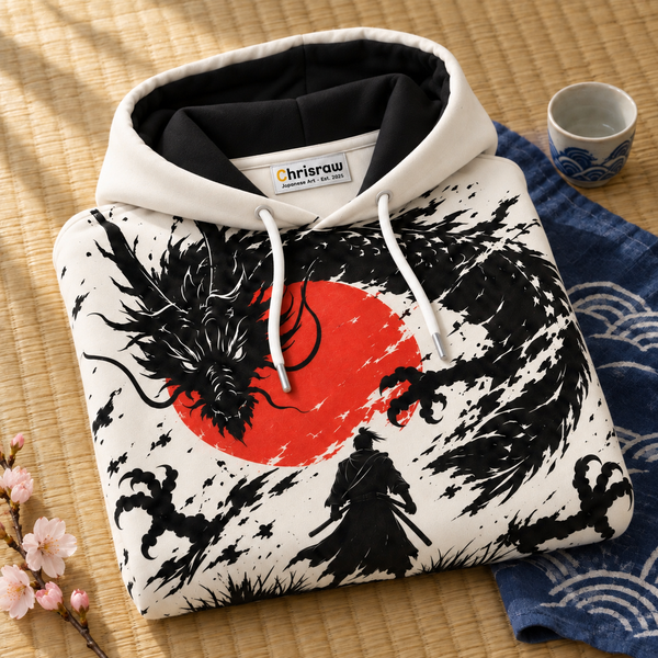 Chrisraw Hinomaru Hoodie — Ink Dragon Red Sun Samurai Print