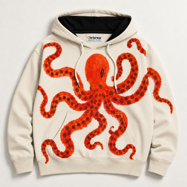 Chrisraw Beni Odako Hoodie — Crimson Octopus Hand-Painted Print