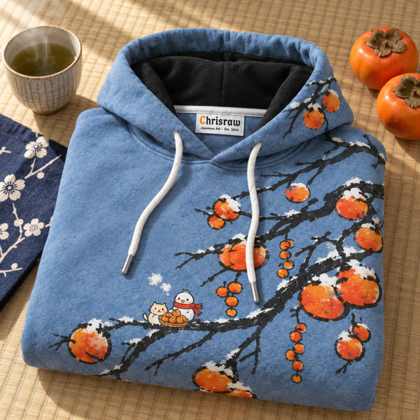 Chrisraw Fuyugaki Hoodie — Snow Persimmon Branch Bird and Cat Print