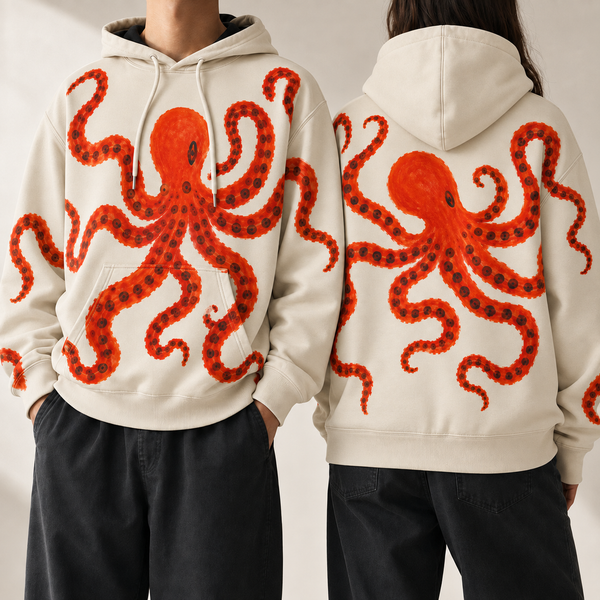 Chrisraw Beni Odako Hoodie — Crimson Octopus Hand-Painted Print