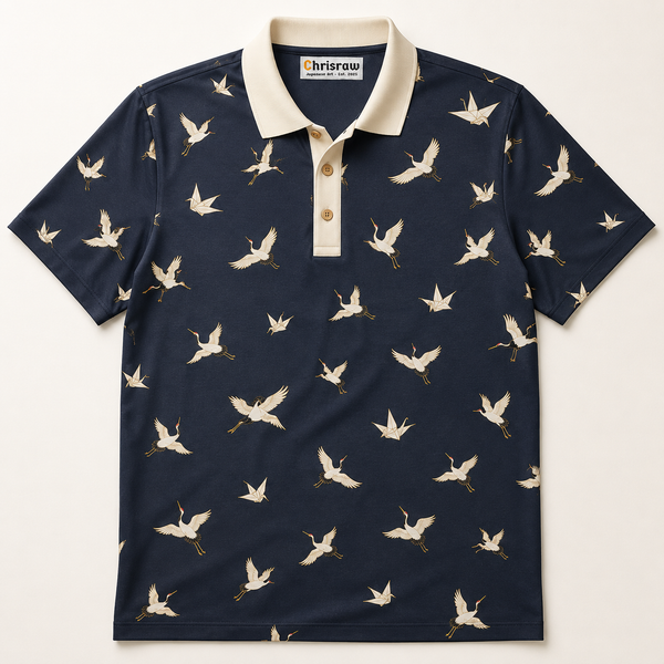 Chrisraw Kakushi Tsuru Polo Shirt — Japanese Crane Micro Print