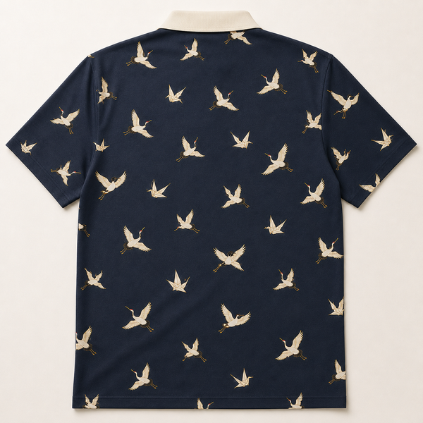 Chrisraw Kakushi Tsuru Polo Shirt — Japanese Crane Micro Print