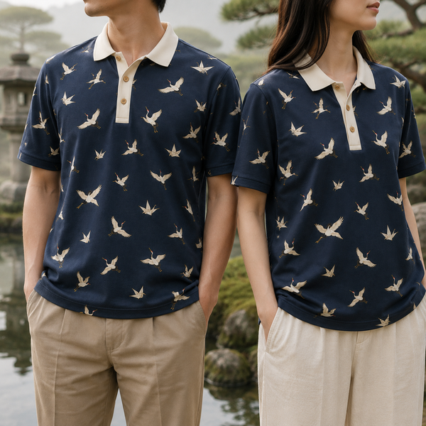 Chrisraw Kakushi Tsuru Polo Shirt — Japanese Crane Micro Print