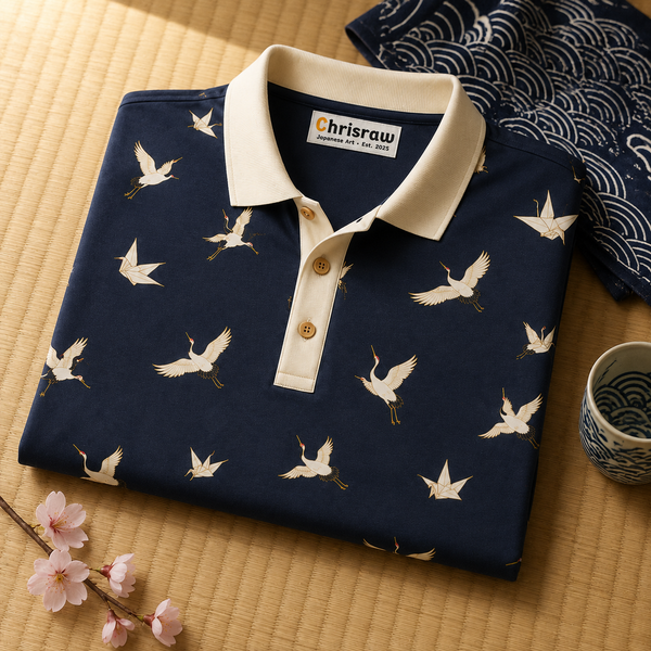 Chrisraw Kakushi Tsuru Polo Shirt — Japanese Crane Micro Print