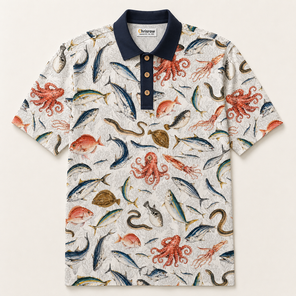 Chrisraw Sakana Polo Shirt — Japanese Fish Market Watercolor Print