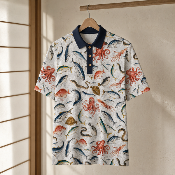 Chrisraw Sakana Polo Shirt — Japanese Fish Market Watercolor Print
