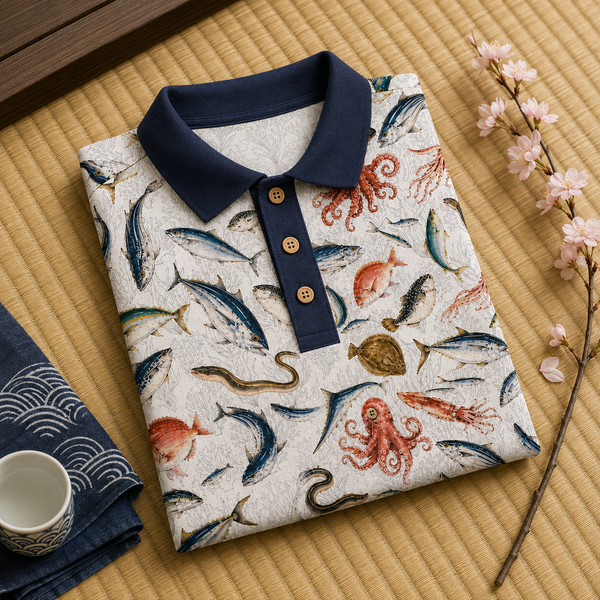 Chrisraw Sakana Polo Shirt — Japanese Fish Market Watercolor Print