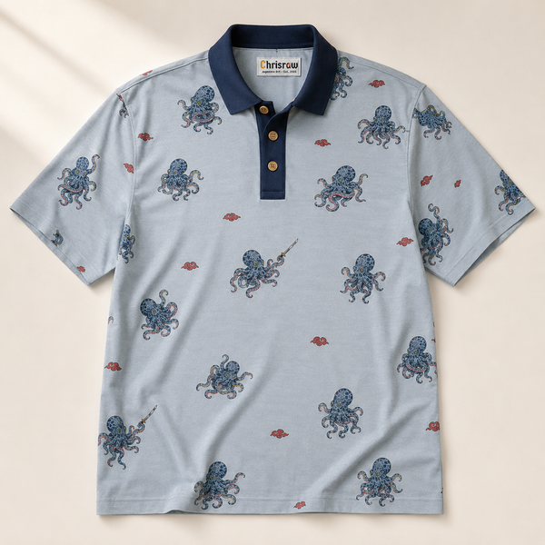 Chrisraw Kakushi Tako Polo Shirt Mist Blue — Japanese Octopus Micro Print