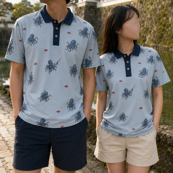 Chrisraw Kakushi Tako Polo Shirt Mist Blue — Japanese Octopus Micro Print