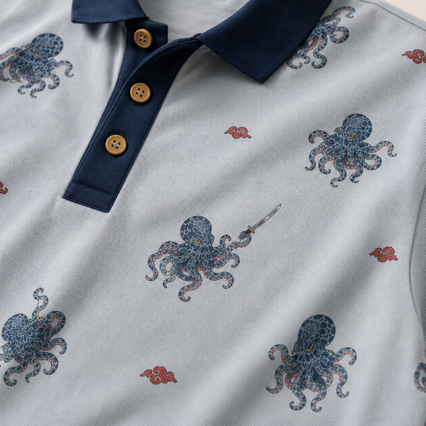 Chrisraw Kakushi Tako Polo Shirt Mist Blue — Japanese Octopus Micro Print