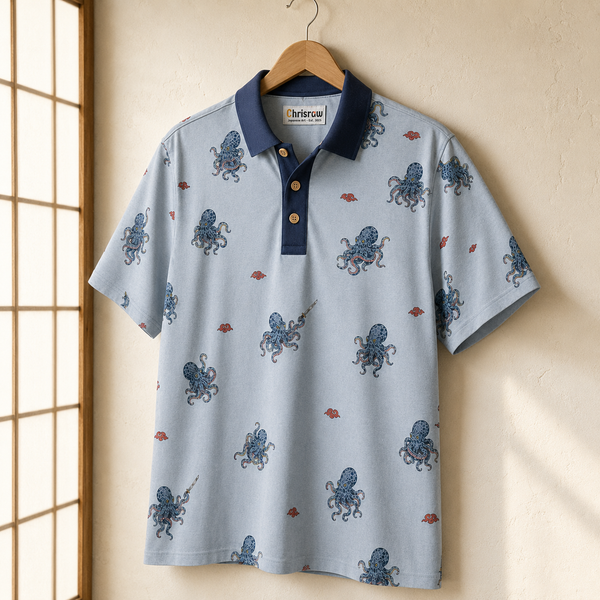 Chrisraw Kakushi Tako Polo Shirt Mist Blue — Japanese Octopus Micro Print