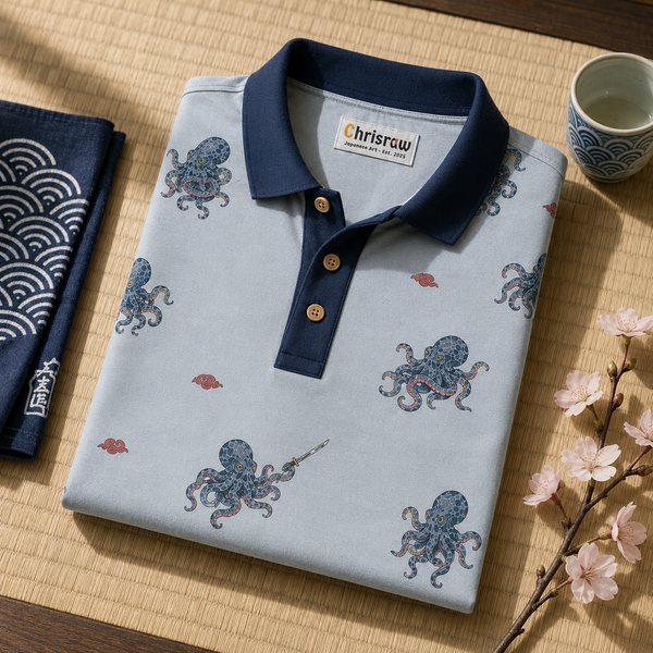 Chrisraw Kakushi Tako Polo Shirt Mist Blue — Japanese Octopus Micro Print