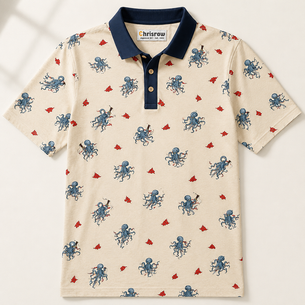 Chrisraw Kakushi Tako Polo Shirt Ivory — Japanese Octopus Micro Print
