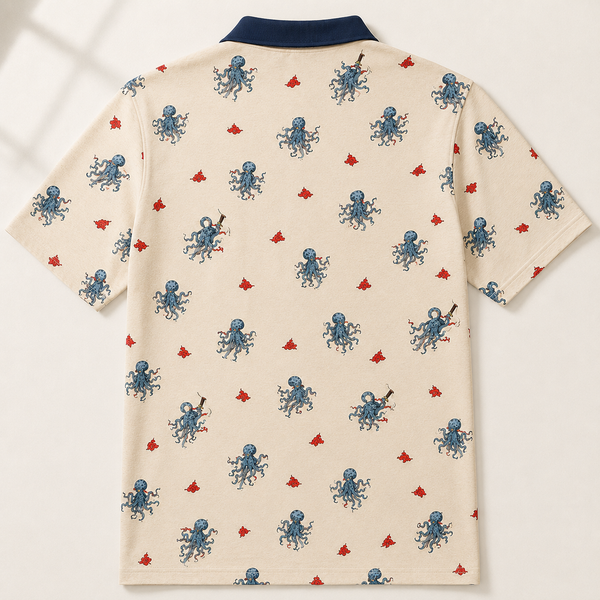 Chrisraw Kakushi Tako Polo Shirt Ivory — Japanese Octopus Micro Print