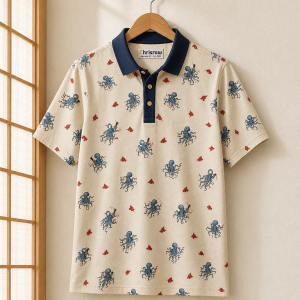 Chrisraw Kakushi Tako Polo Shirt Ivory — Japanese Octopus Micro Print