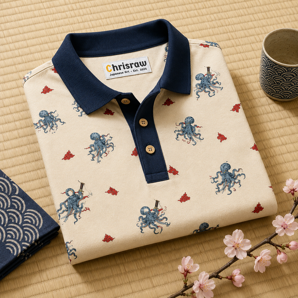 Chrisraw Kakushi Tako Polo Shirt Ivory — Japanese Octopus Micro Print