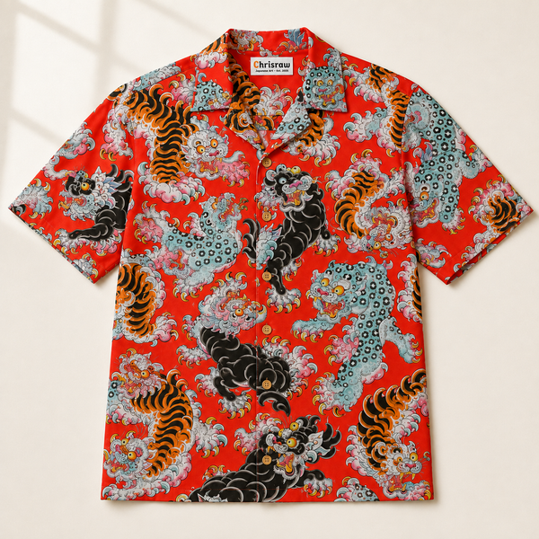 Chrisraw Shishi Ranbu Aloha Shirt — Japanese Guardian Lion Tattoo Print