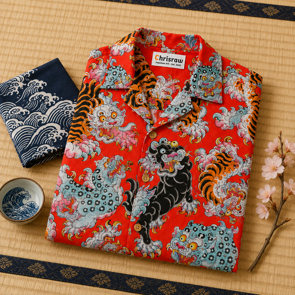 Chrisraw Shishi Ranbu Aloha Shirt — Japanese Guardian Lion Tattoo Print