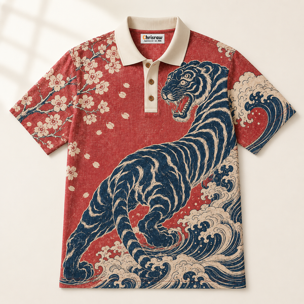 Chrisraw Tora to Nami Polo Shirt — Japanese Tiger and Waves Ukiyo-e Print