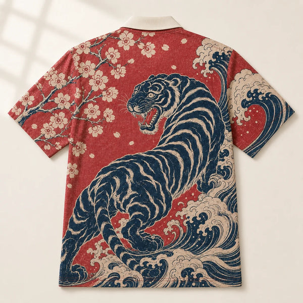 Chrisraw Tora to Nami Polo Shirt — Japanese Tiger and Waves Ukiyo-e Print