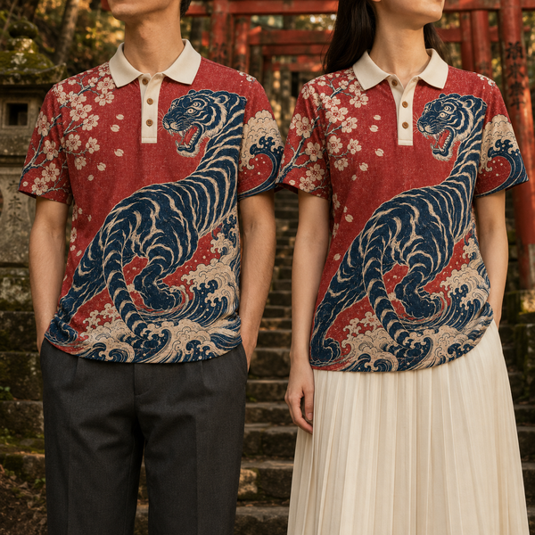 Chrisraw Tora to Nami Polo Shirt — Japanese Tiger and Waves Ukiyo-e Print