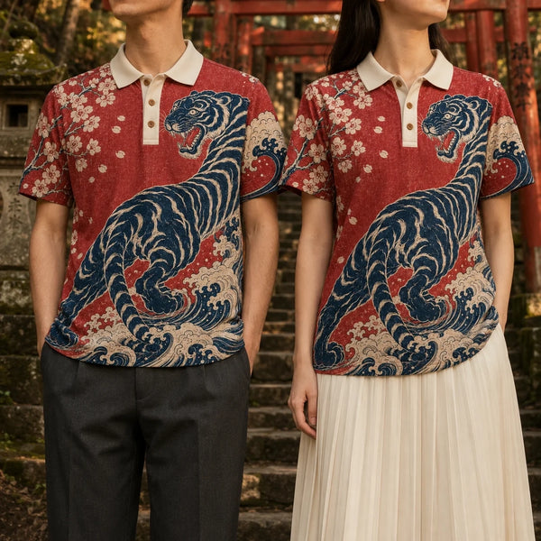 Chrisraw Tora to Nami Polo Shirt — Japanese Tiger and Waves Ukiyo-e Print
