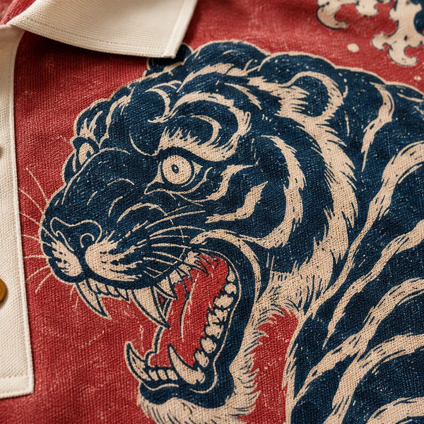Chrisraw Tora to Nami Polo Shirt — Japanese Tiger and Waves Ukiyo-e Print