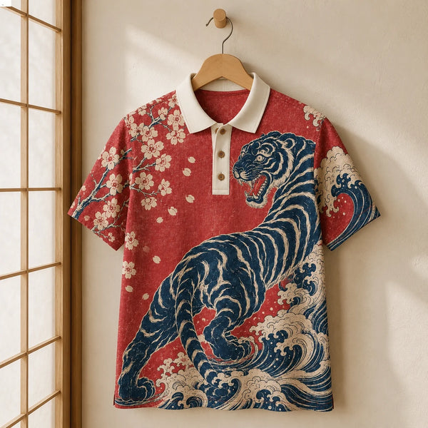 Chrisraw Tora to Nami Polo Shirt — Japanese Tiger and Waves Ukiyo-e Print