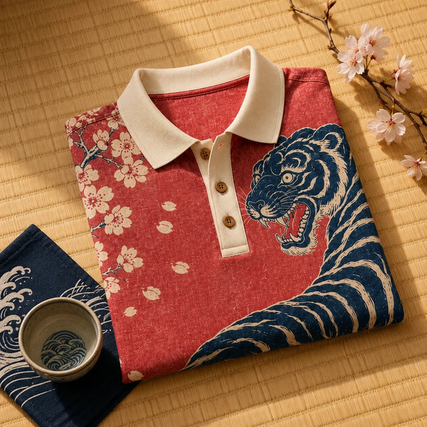 Chrisraw Tora to Nami Polo Shirt — Japanese Tiger and Waves Ukiyo-e Print