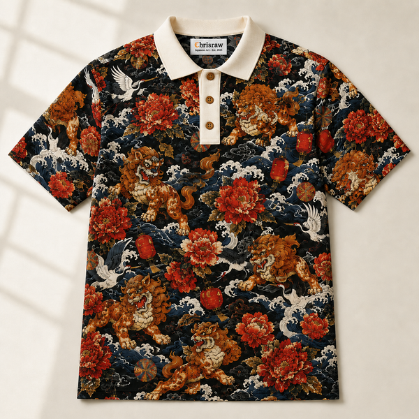 Chrisraw Karajishi Polo Shirt — Japanese Guardian Lion and Peony Print