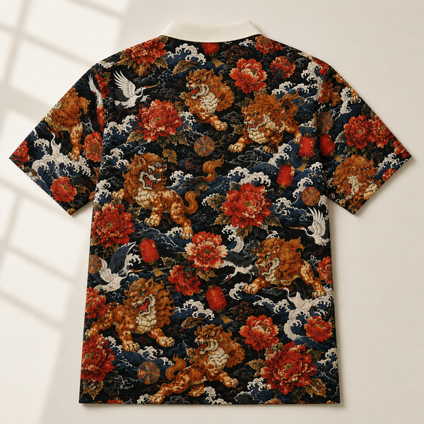 Chrisraw Karajishi Polo Shirt — Japanese Guardian Lion and Peony Print