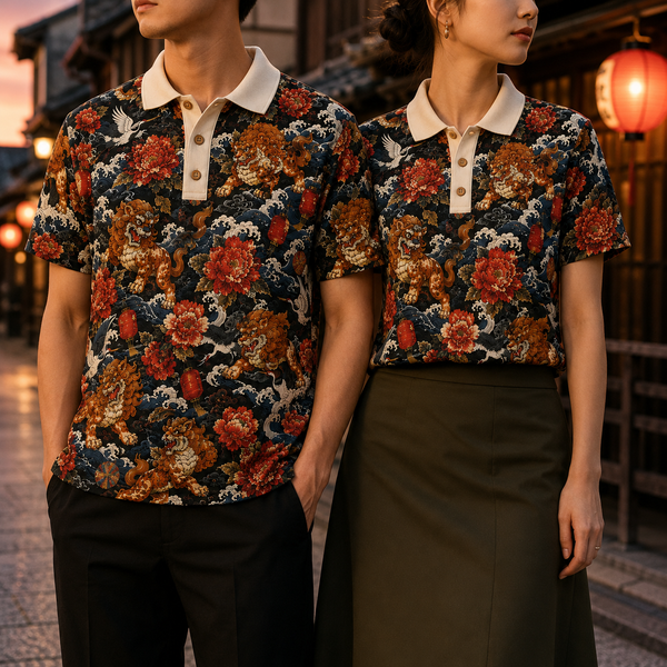 Chrisraw Karajishi Polo Shirt — Japanese Guardian Lion and Peony Print