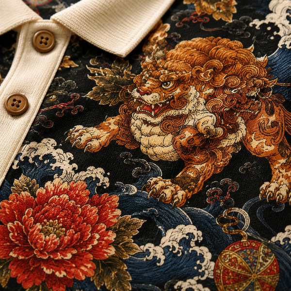 Chrisraw Karajishi Polo Shirt — Japanese Guardian Lion and Peony Print