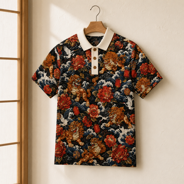 Chrisraw Karajishi Polo Shirt — Japanese Guardian Lion and Peony Print