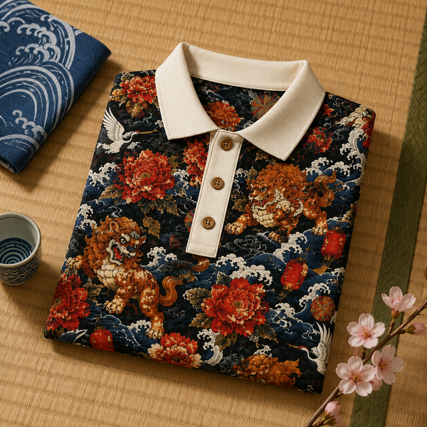 Chrisraw Karajishi Polo Shirt — Japanese Guardian Lion and Peony Print