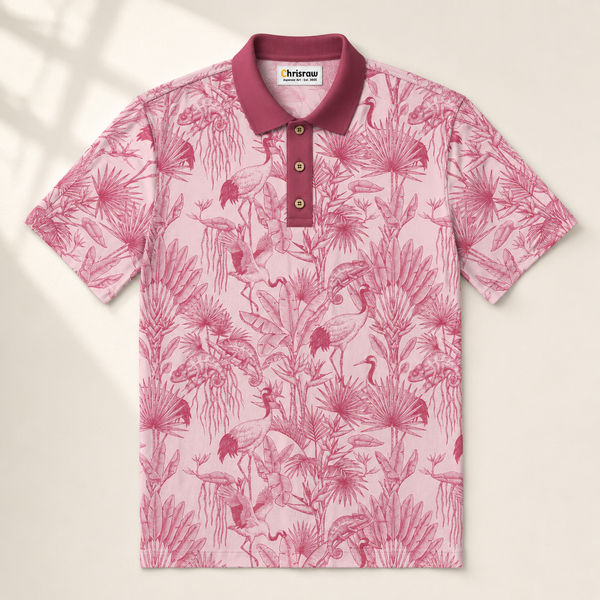 Chrisraw Tsuru Pink Polo Shirt — Japanese Crane Pink Toile Print