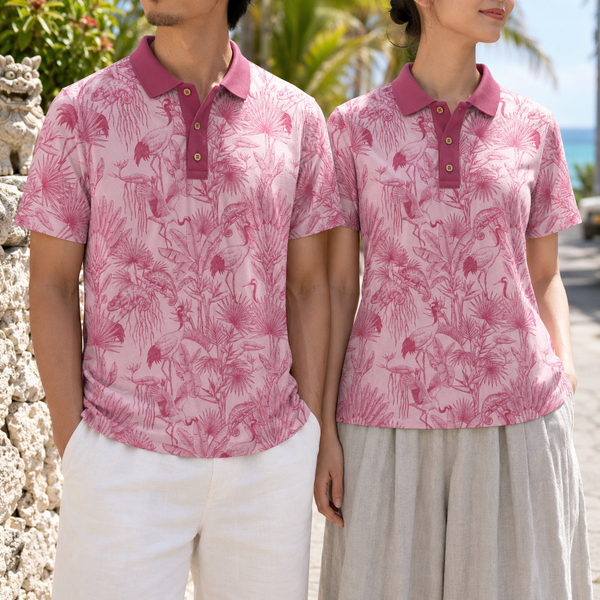Chrisraw Tsuru Pink Polo Shirt — Japanese Crane Pink Toile Print