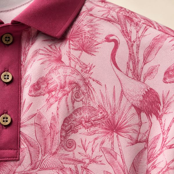 Chrisraw Tsuru Pink Polo Shirt — Japanese Crane Pink Toile Print