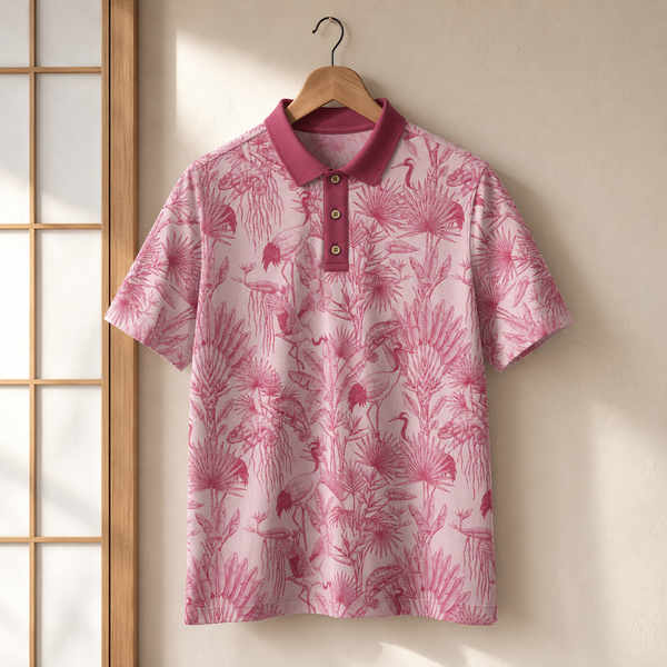 Chrisraw Tsuru Pink Polo Shirt — Japanese Crane Pink Toile Print